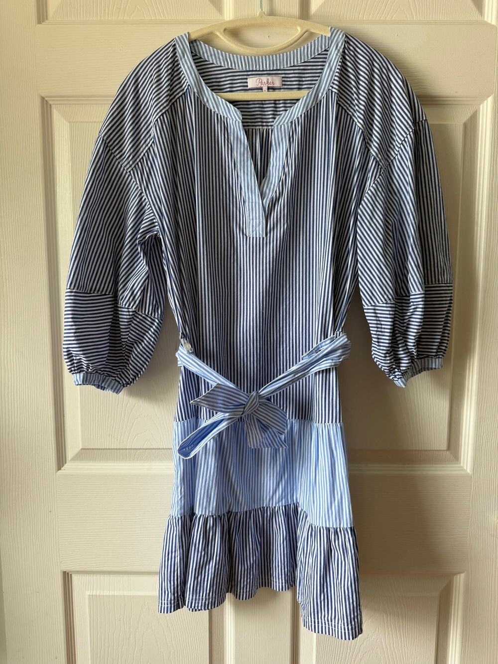 Parker Blue White Stripe Tiered Ruffle Mini Dress Belted Size S Coastal Preppy